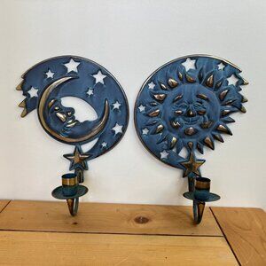 Partylite Celestial Wall Sconce Taper Candle Holder Sun & Moon 90s Patina Brass